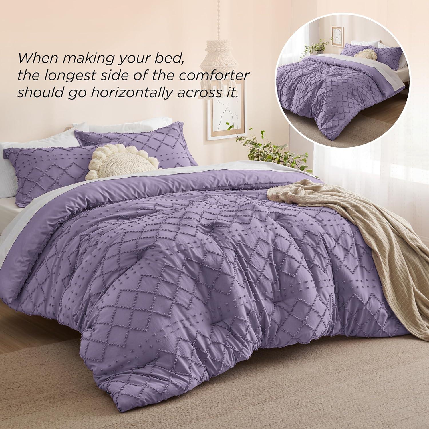 imageBedsure Twin XL Comforter Set  White Comforter Boho Tufted Shabby Chic Bedding for Kids 2 Pieces Vintage Farmhouse Bed Set for All Seasons Fluffy Soft Bedding with 1 Pillow Sham16  Grayish Purple