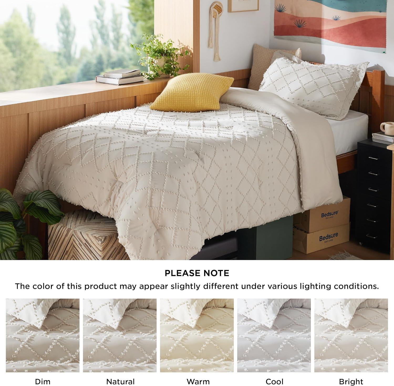imageBedsure Twin XL Comforter Set  White Comforter Boho Tufted Shabby Chic Bedding for Kids 2 Pieces Vintage Farmhouse Bed Set for All Seasons Fluffy Soft Bedding with 1 Pillow Sham02  Beige