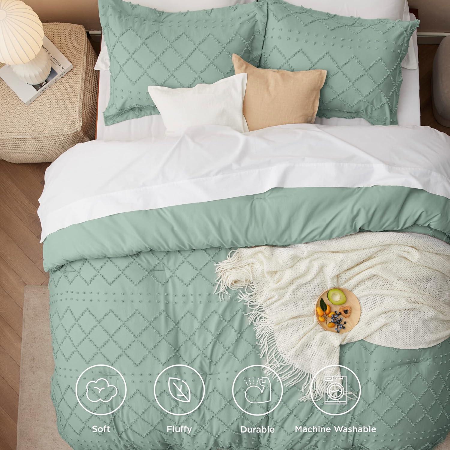 imageBedsure Twin XL Comforter Set  White Comforter Boho Tufted Shabby Chic Bedding for Kids 2 Pieces Vintage Farmhouse Bed Set for All Seasons Fluffy Soft Bedding with 1 Pillow Sham19  Sage Green