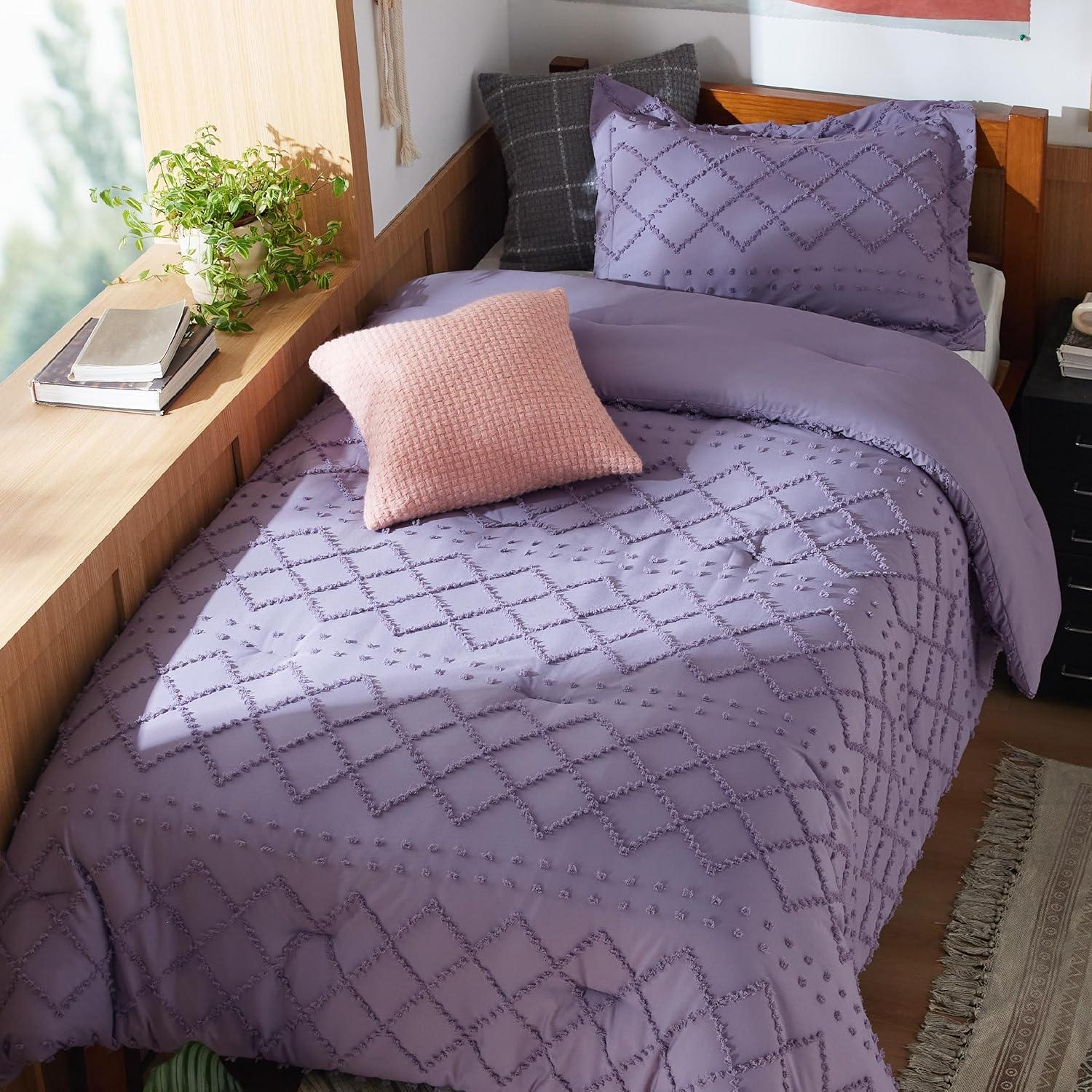 imageBedsure Twin XL Comforter Set  White Comforter Boho Tufted Shabby Chic Bedding for Kids 2 Pieces Vintage Farmhouse Bed Set for All Seasons Fluffy Soft Bedding with 1 Pillow Sham16  Grayish Purple