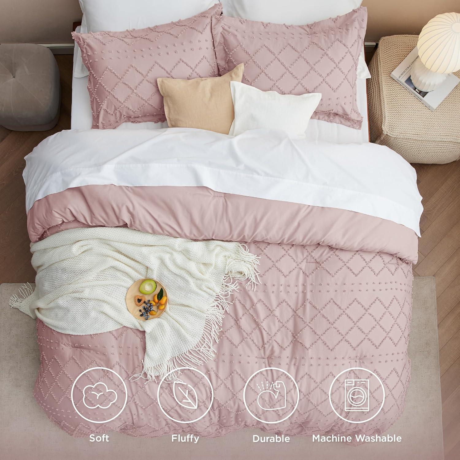 imageBedsure Twin XL Comforter Set  White Comforter Boho Tufted Shabby Chic Bedding for Kids 2 Pieces Vintage Farmhouse Bed Set for All Seasons Fluffy Soft Bedding with 1 Pillow Sham15  Dusty Rose