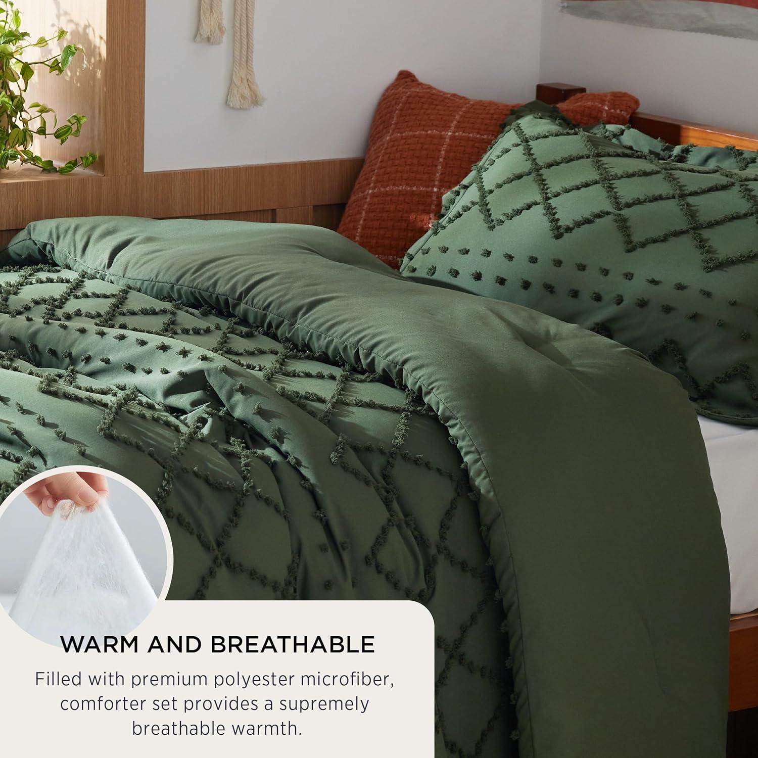 imageBedsure Twin XL Comforter Set  White Comforter Boho Tufted Shabby Chic Bedding for Kids 2 Pieces Vintage Farmhouse Bed Set for All Seasons Fluffy Soft Bedding with 1 Pillow Sham06  Olive Green