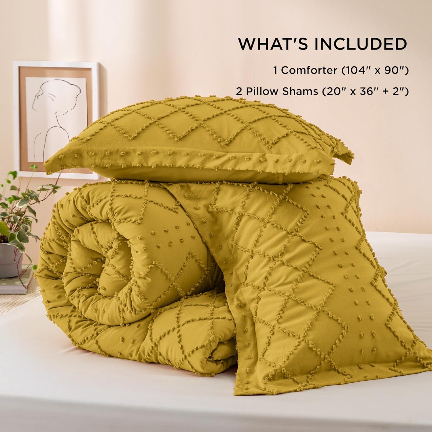 imageBedsure Twin XL Comforter Set  White Comforter Boho Tufted Shabby Chic Bedding for Kids 2 Pieces Vintage Farmhouse Bed Set for All Seasons Fluffy Soft Bedding with 1 Pillow Sham25  Mustard Yellow