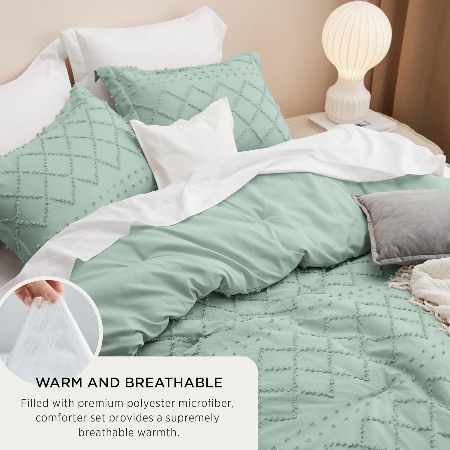 imageBedsure Twin XL Comforter Set  White Comforter Boho Tufted Shabby Chic Bedding for Kids 2 Pieces Vintage Farmhouse Bed Set for All Seasons Fluffy Soft Bedding with 1 Pillow Sham19  Sage Green