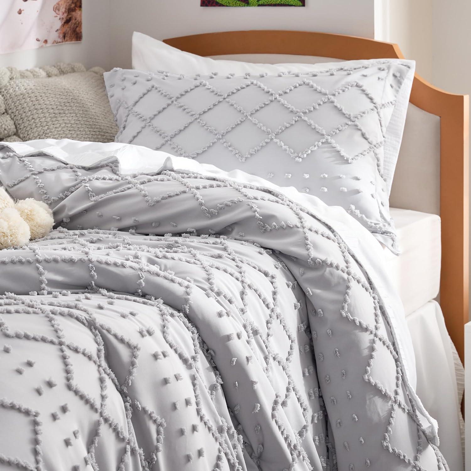 imageBedsure Twin XL Comforter Set  White Comforter Boho Tufted Shabby Chic Bedding for Kids 2 Pieces Vintage Farmhouse Bed Set for All Seasons Fluffy Soft Bedding with 1 Pillow Sham04  Light Grey