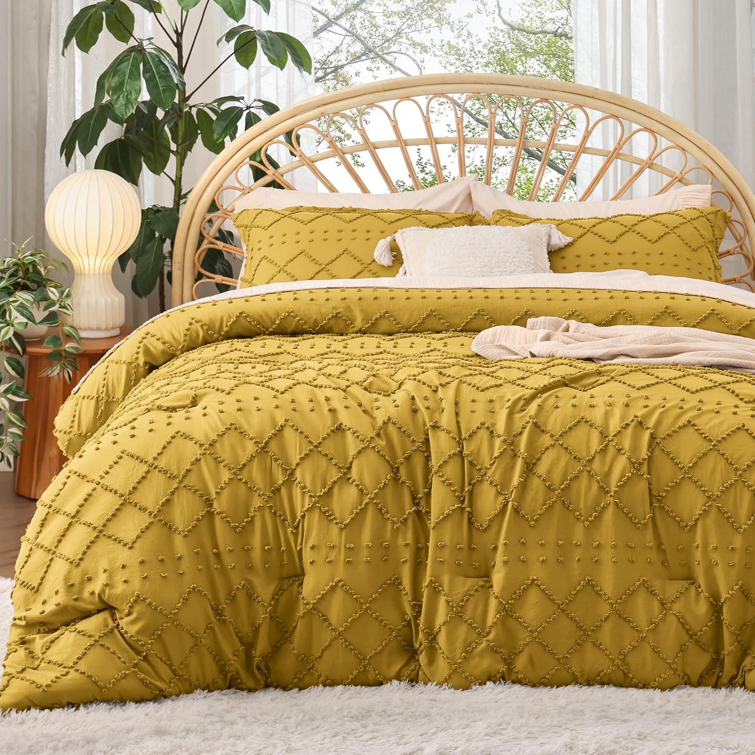 imageBedsure Twin XL Comforter Set  White Comforter Boho Tufted Shabby Chic Bedding for Kids 2 Pieces Vintage Farmhouse Bed Set for All Seasons Fluffy Soft Bedding with 1 Pillow Sham25  Mustard Yellow