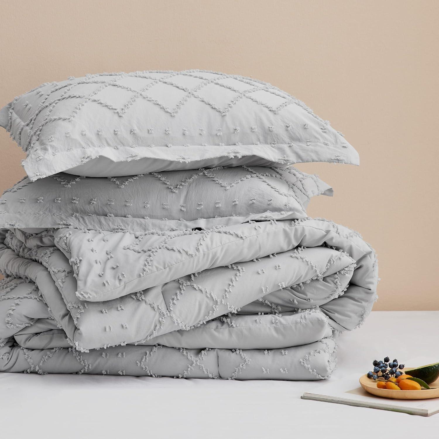 imageBedsure Twin XL Comforter Set  White Comforter Boho Tufted Shabby Chic Bedding for Kids 2 Pieces Vintage Farmhouse Bed Set for All Seasons Fluffy Soft Bedding with 1 Pillow Sham04  Light Grey