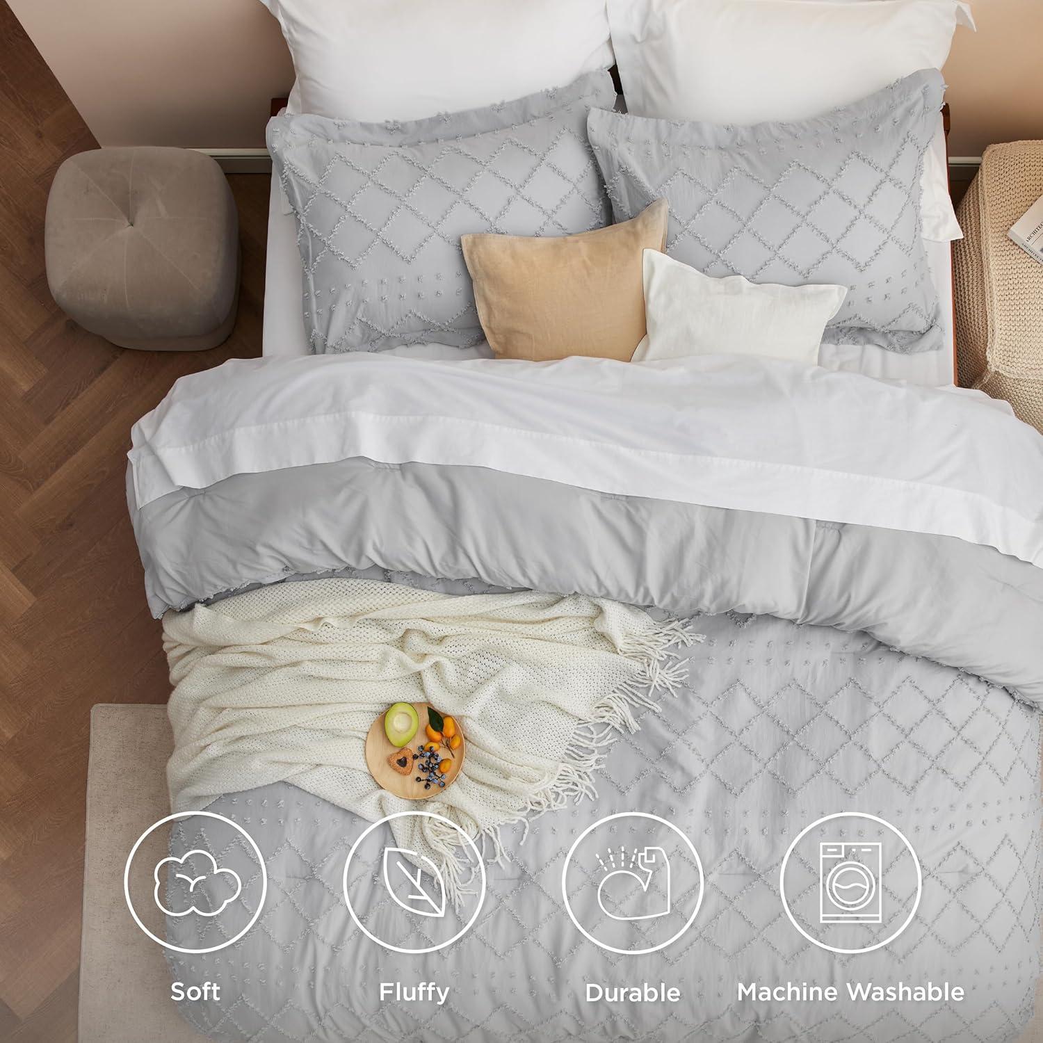 imageBedsure Twin XL Comforter Set  White Comforter Boho Tufted Shabby Chic Bedding for Kids 2 Pieces Vintage Farmhouse Bed Set for All Seasons Fluffy Soft Bedding with 1 Pillow Sham04  Light Grey