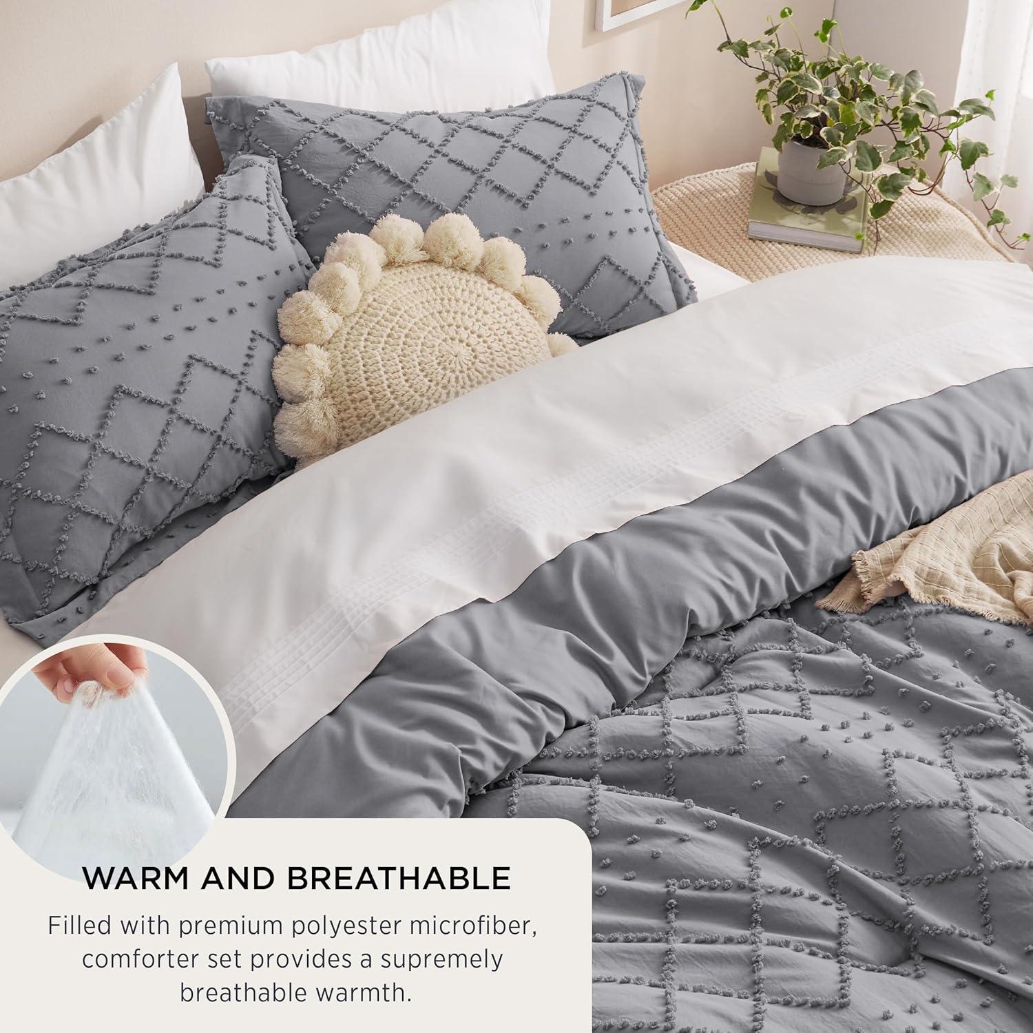 imageBedsure Twin XL Comforter Set  White Comforter Boho Tufted Shabby Chic Bedding for Kids 2 Pieces Vintage Farmhouse Bed Set for All Seasons Fluffy Soft Bedding with 1 Pillow Sham08  Grey