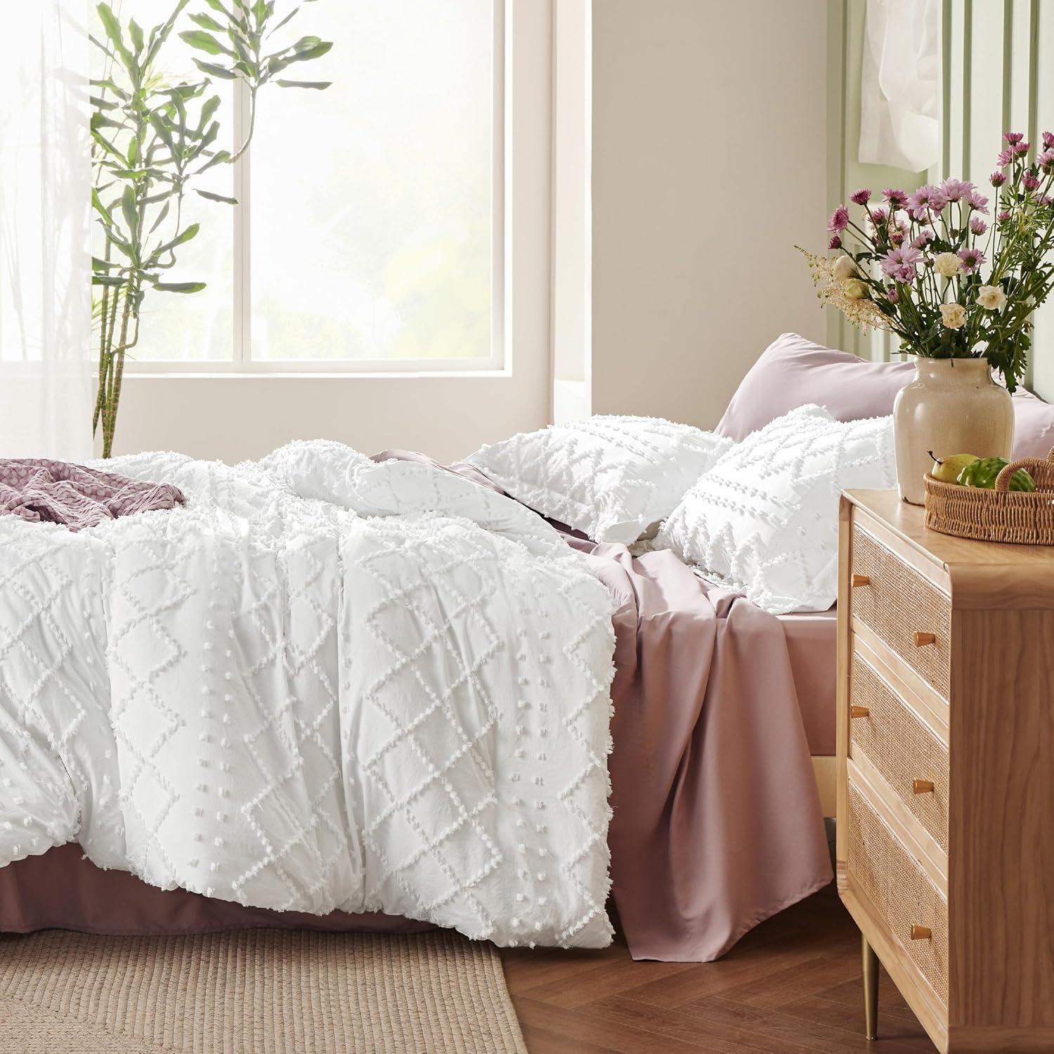 imageBedsure Twin XL Comforter Set  White Comforter Boho Tufted Shabby Chic Bedding for Kids 2 Pieces Vintage Farmhouse Bed Set for All Seasons Fluffy Soft Bedding with 1 Pillow Sham15  Dusty Rose