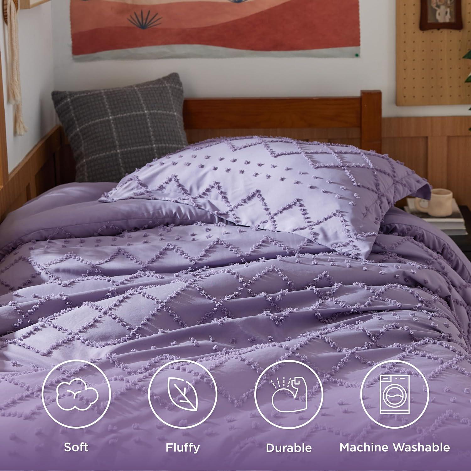 imageBedsure Twin XL Comforter Set  White Comforter Boho Tufted Shabby Chic Bedding for Kids 2 Pieces Vintage Farmhouse Bed Set for All Seasons Fluffy Soft Bedding with 1 Pillow Sham16  Grayish Purple