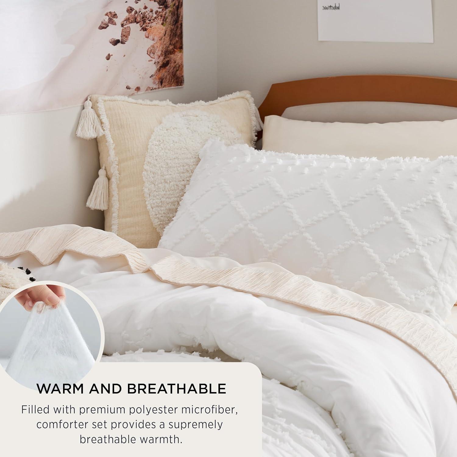 imageBedsure Twin XL Comforter Set  White Comforter Boho Tufted Shabby Chic Bedding for Kids 2 Pieces Vintage Farmhouse Bed Set for All Seasons Fluffy Soft Bedding with 1 Pillow Sham01  White