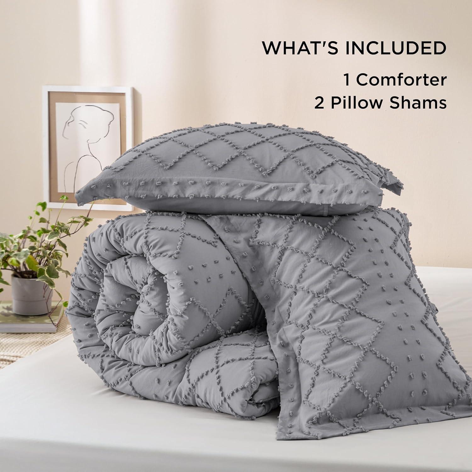 imageBedsure Twin XL Comforter Set  White Comforter Boho Tufted Shabby Chic Bedding for Kids 2 Pieces Vintage Farmhouse Bed Set for All Seasons Fluffy Soft Bedding with 1 Pillow Sham08  Grey