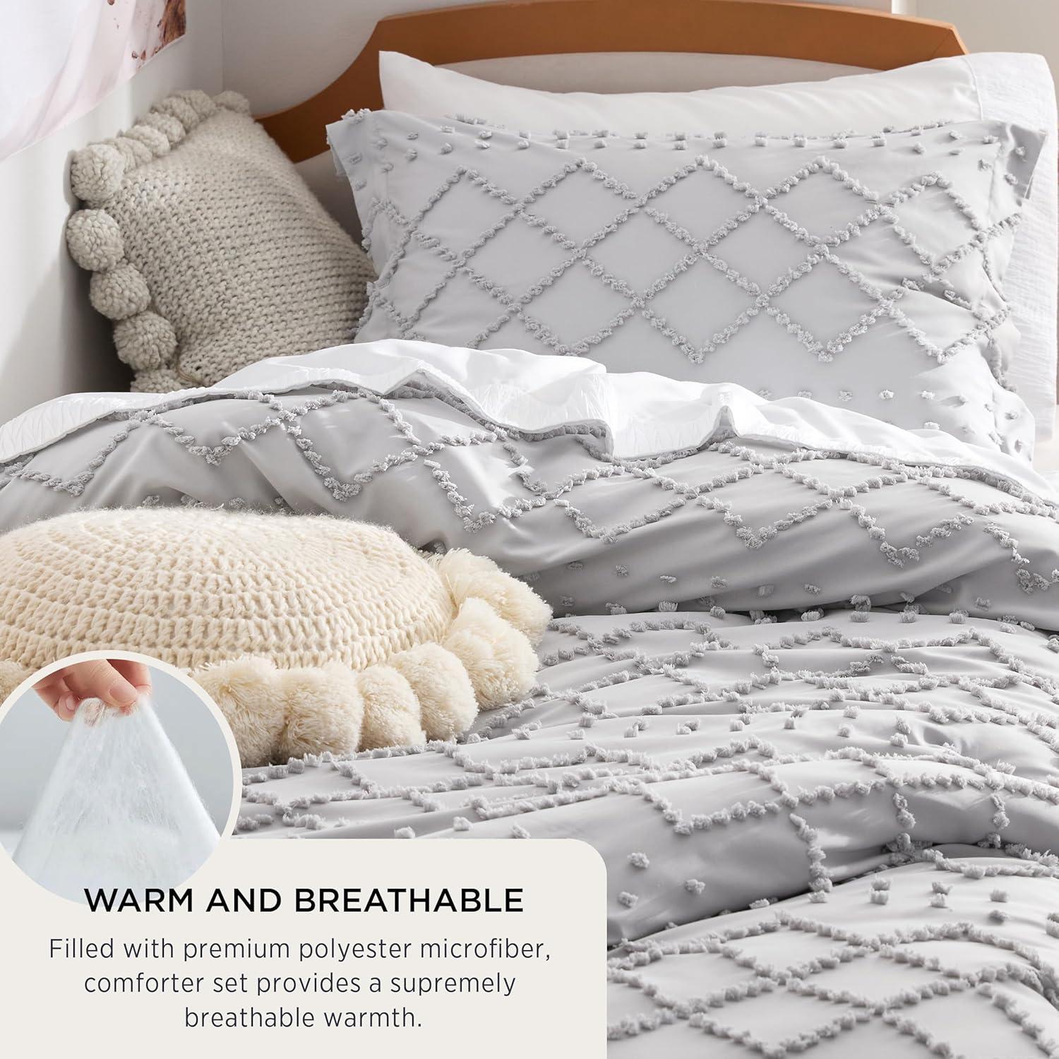 imageBedsure Twin XL Comforter Set  White Comforter Boho Tufted Shabby Chic Bedding for Kids 2 Pieces Vintage Farmhouse Bed Set for All Seasons Fluffy Soft Bedding with 1 Pillow Sham04  Light Grey