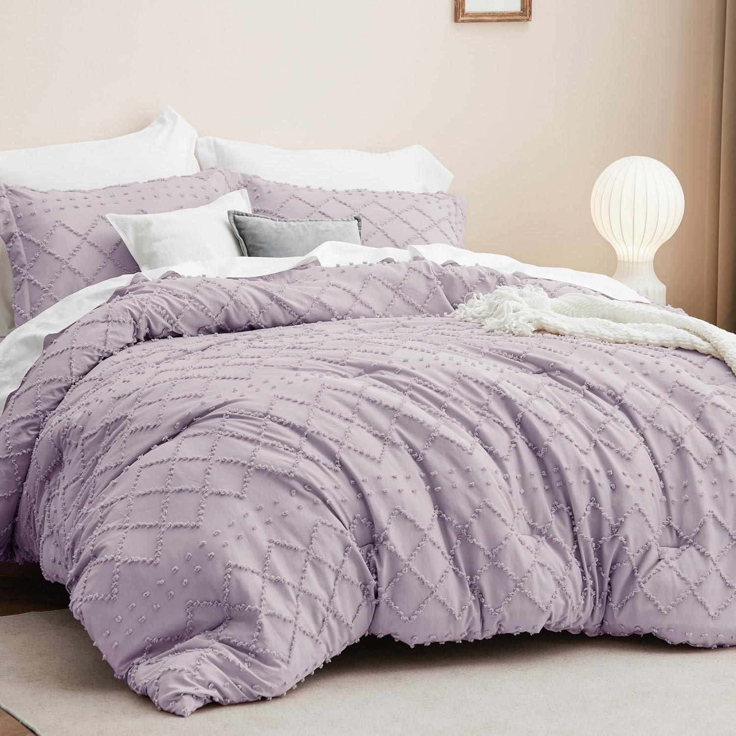 imageBedsure Twin XL Comforter Set  White Comforter Boho Tufted Shabby Chic Bedding for Kids 2 Pieces Vintage Farmhouse Bed Set for All Seasons Fluffy Soft Bedding with 1 Pillow Sham14  Lavender