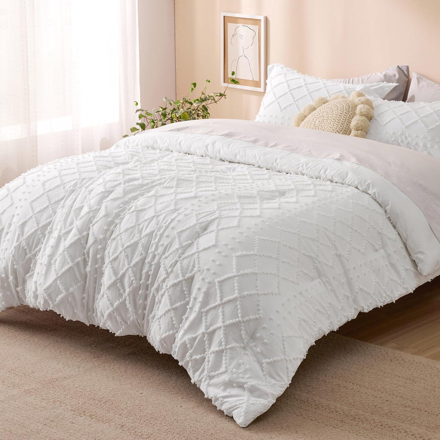 imageBedsure Twin XL Comforter Set  White Comforter Boho Tufted Shabby Chic Bedding for Kids 2 Pieces Vintage Farmhouse Bed Set for All Seasons Fluffy Soft Bedding with 1 Pillow Sham01  White