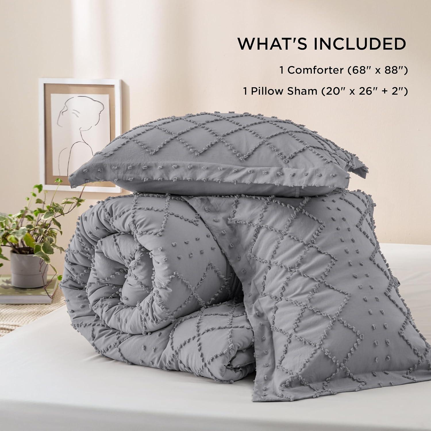 imageBedsure Twin XL Comforter Set  White Comforter Boho Tufted Shabby Chic Bedding for Kids 2 Pieces Vintage Farmhouse Bed Set for All Seasons Fluffy Soft Bedding with 1 Pillow Sham08  Grey