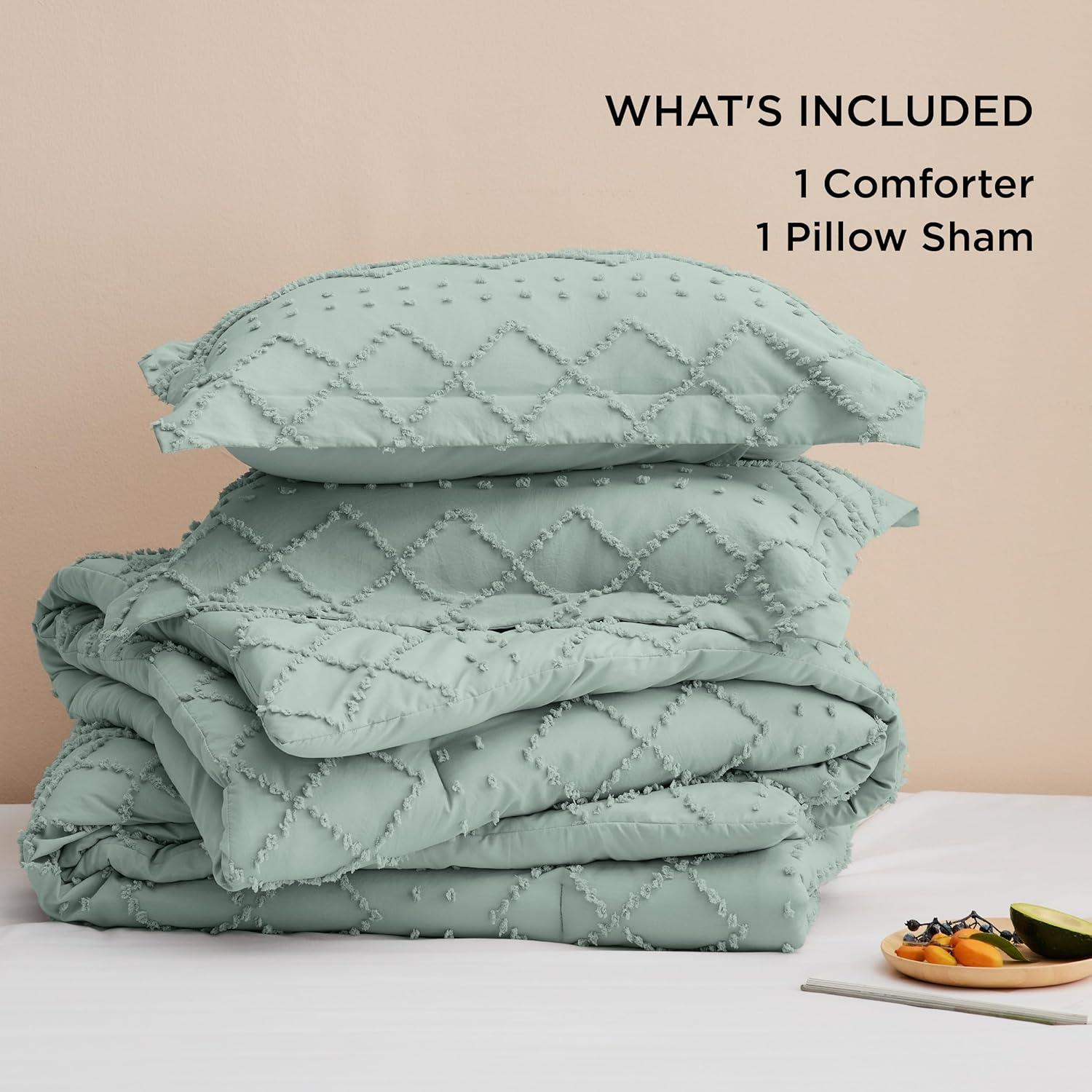 imageBedsure Twin XL Comforter Set  White Comforter Boho Tufted Shabby Chic Bedding for Kids 2 Pieces Vintage Farmhouse Bed Set for All Seasons Fluffy Soft Bedding with 1 Pillow Sham19  Sage Green