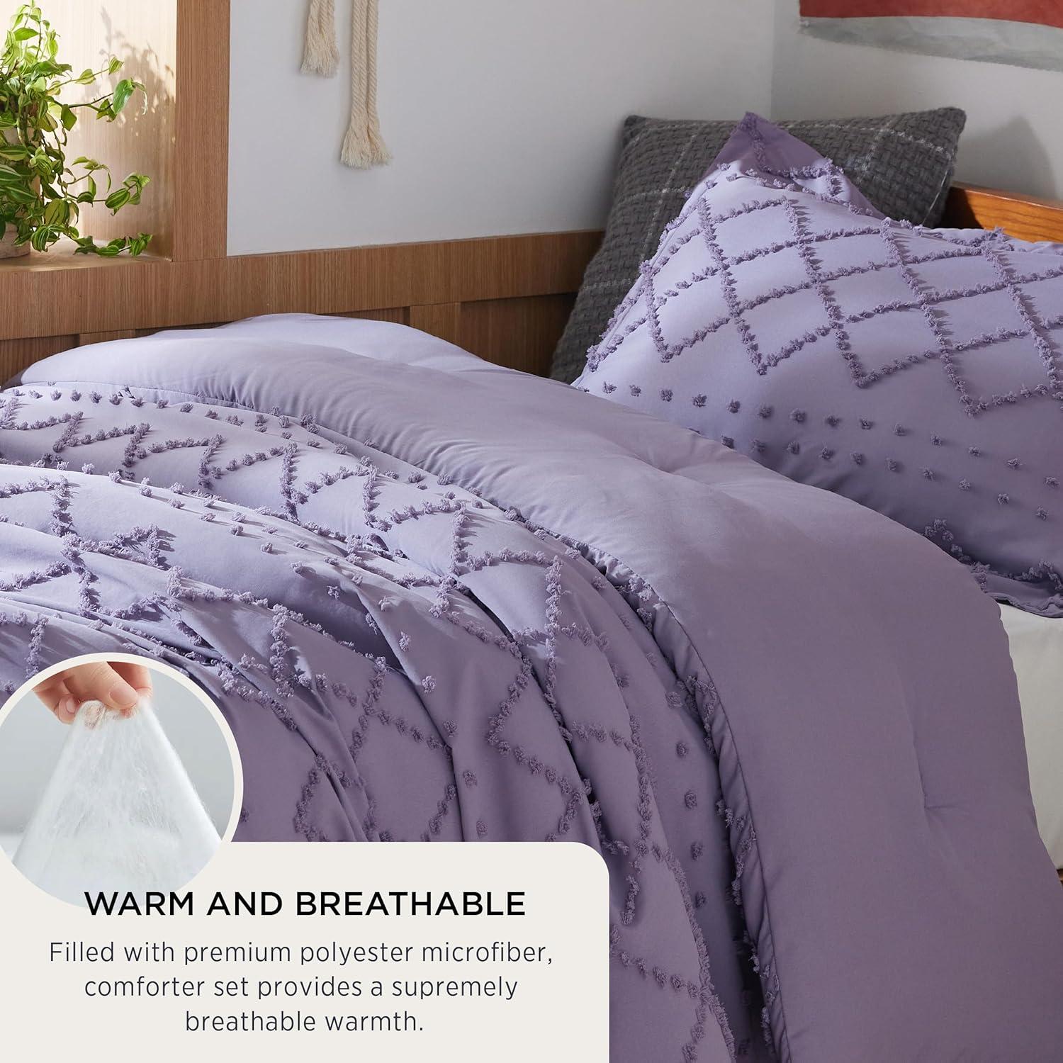 imageBedsure Twin XL Comforter Set  White Comforter Boho Tufted Shabby Chic Bedding for Kids 2 Pieces Vintage Farmhouse Bed Set for All Seasons Fluffy Soft Bedding with 1 Pillow Sham16  Grayish Purple