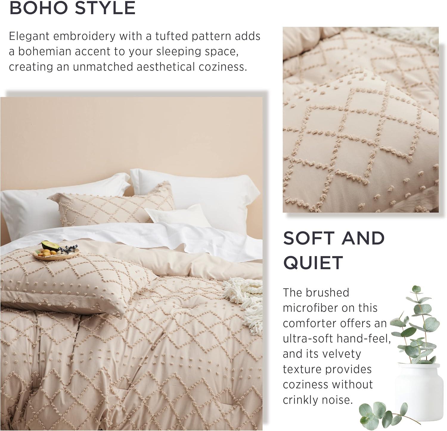 imageBedsure Twin XL Comforter Set  White Comforter Boho Tufted Shabby Chic Bedding for Kids 2 Pieces Vintage Farmhouse Bed Set for All Seasons Fluffy Soft Bedding with 1 Pillow Sham07  Warm Tan