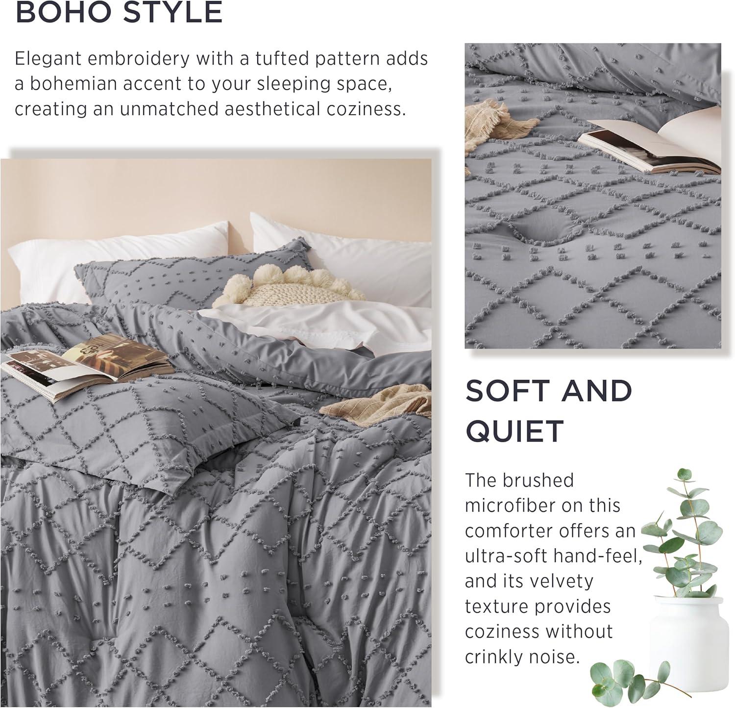imageBedsure Twin XL Comforter Set  White Comforter Boho Tufted Shabby Chic Bedding for Kids 2 Pieces Vintage Farmhouse Bed Set for All Seasons Fluffy Soft Bedding with 1 Pillow Sham08  Grey