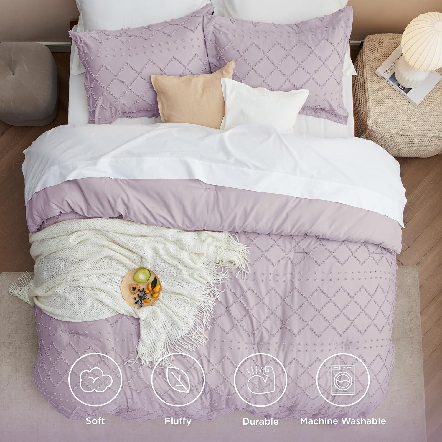 imageBedsure Twin XL Comforter Set  White Comforter Boho Tufted Shabby Chic Bedding for Kids 2 Pieces Vintage Farmhouse Bed Set for All Seasons Fluffy Soft Bedding with 1 Pillow Sham14  Lavender