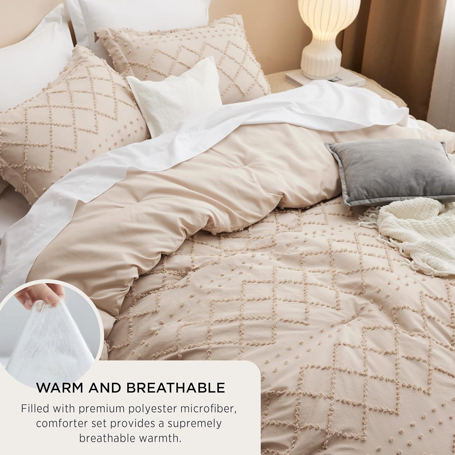 imageBedsure Twin XL Comforter Set  White Comforter Boho Tufted Shabby Chic Bedding for Kids 2 Pieces Vintage Farmhouse Bed Set for All Seasons Fluffy Soft Bedding with 1 Pillow Sham07  Warm Tan