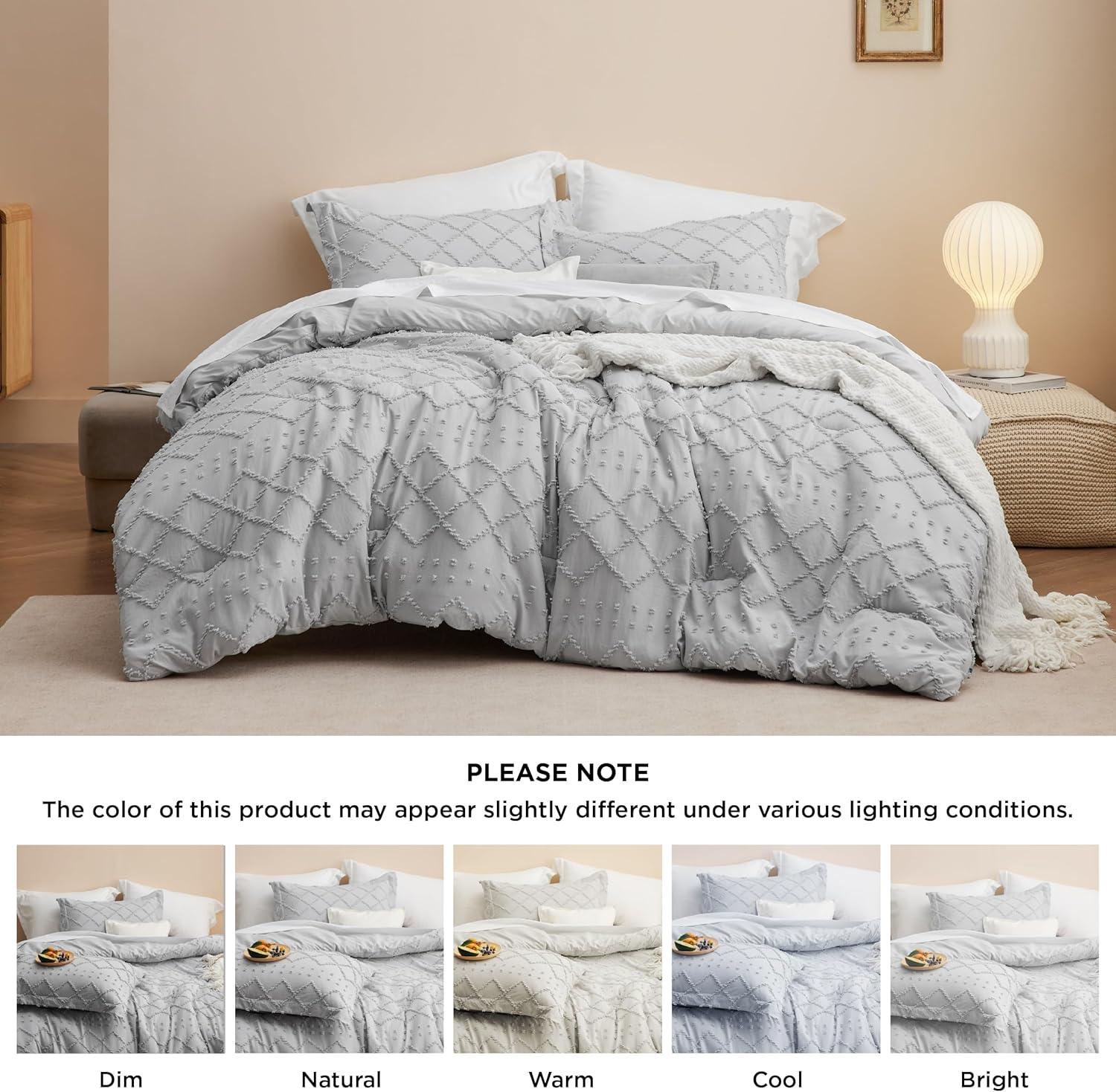 imageBedsure Twin XL Comforter Set  White Comforter Boho Tufted Shabby Chic Bedding for Kids 2 Pieces Vintage Farmhouse Bed Set for All Seasons Fluffy Soft Bedding with 1 Pillow Sham04  Light Grey