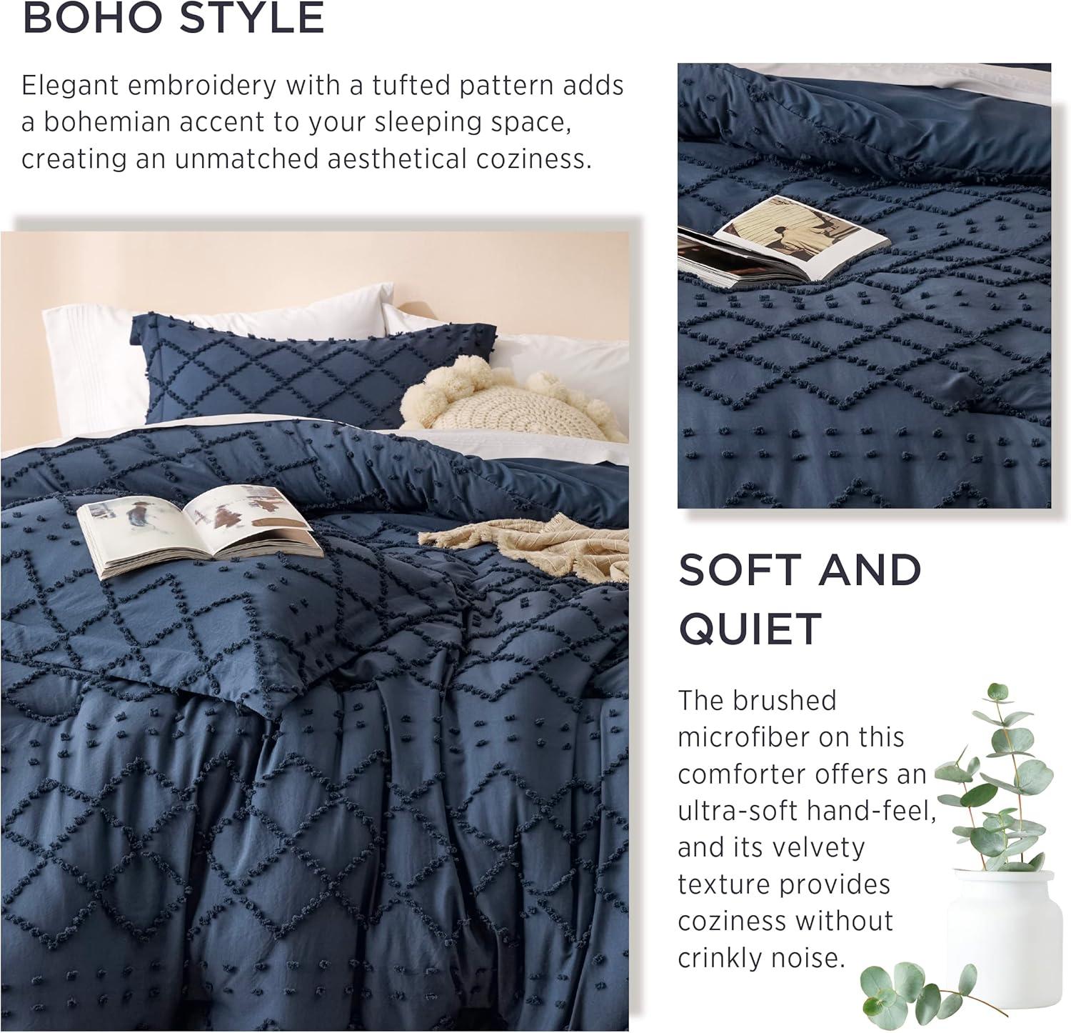 imageBedsure Twin XL Comforter Set  White Comforter Boho Tufted Shabby Chic Bedding for Kids 2 Pieces Vintage Farmhouse Bed Set for All Seasons Fluffy Soft Bedding with 1 Pillow Sham05  Navy