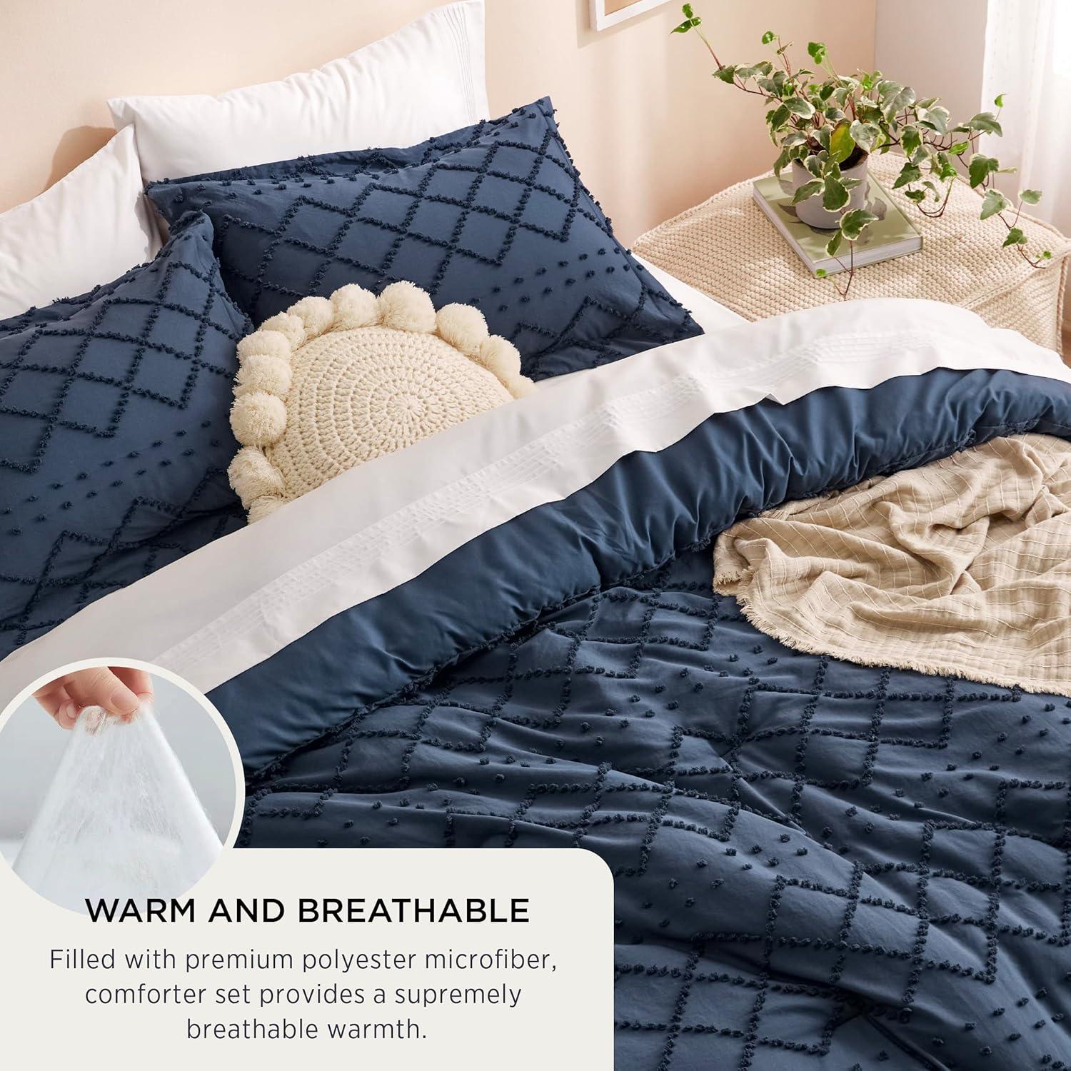 imageBedsure Twin XL Comforter Set  White Comforter Boho Tufted Shabby Chic Bedding for Kids 2 Pieces Vintage Farmhouse Bed Set for All Seasons Fluffy Soft Bedding with 1 Pillow Sham05  Navy