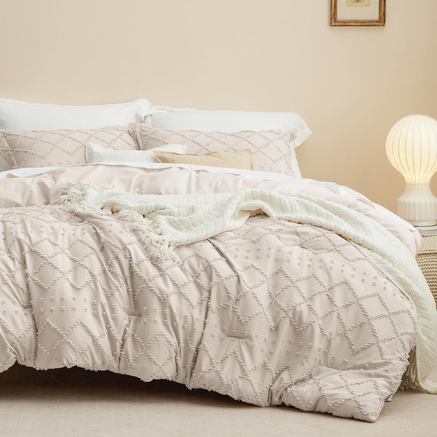 imageBedsure Twin XL Comforter Set  White Comforter Boho Tufted Shabby Chic Bedding for Kids 2 Pieces Vintage Farmhouse Bed Set for All Seasons Fluffy Soft Bedding with 1 Pillow Sham02  Beige