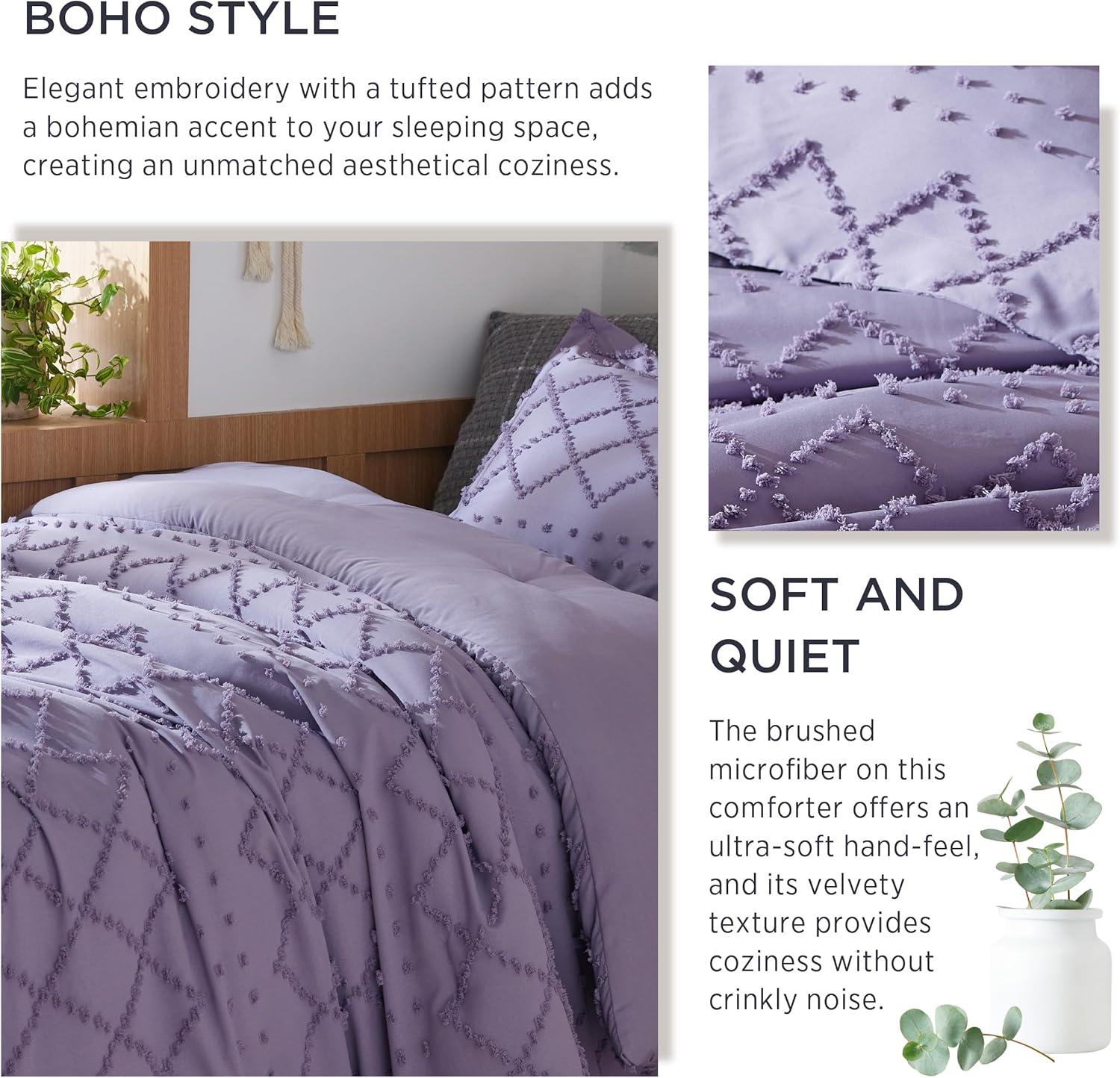 imageBedsure Twin XL Comforter Set  White Comforter Boho Tufted Shabby Chic Bedding for Kids 2 Pieces Vintage Farmhouse Bed Set for All Seasons Fluffy Soft Bedding with 1 Pillow Sham16  Grayish Purple