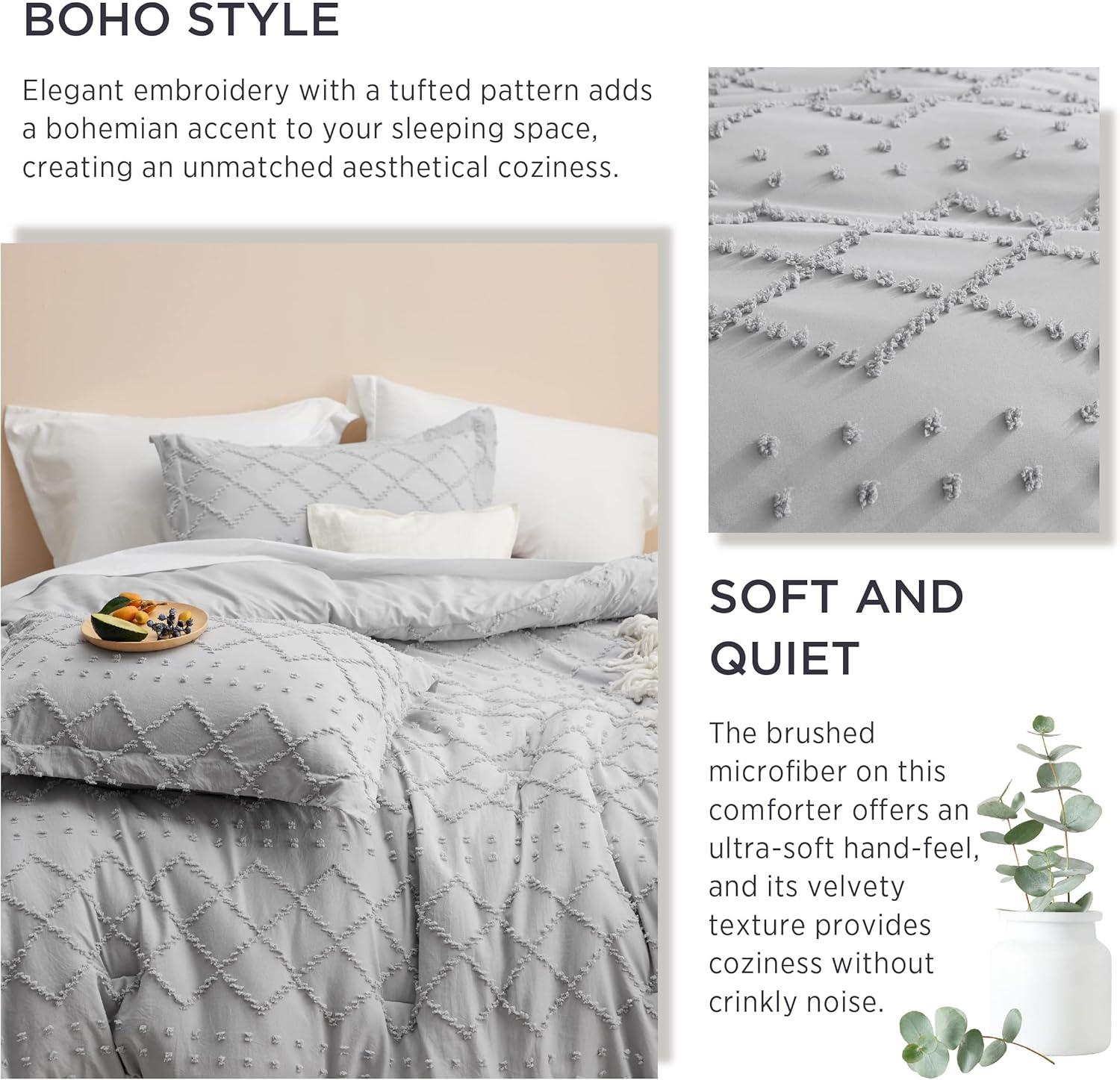 imageBedsure Twin XL Comforter Set  White Comforter Boho Tufted Shabby Chic Bedding for Kids 2 Pieces Vintage Farmhouse Bed Set for All Seasons Fluffy Soft Bedding with 1 Pillow Sham04  Light Grey