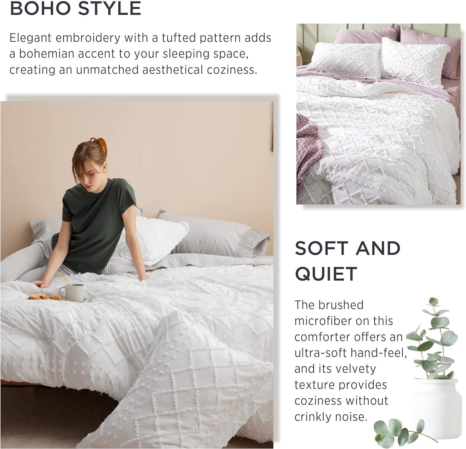 imageBedsure Twin XL Comforter Set  White Comforter Boho Tufted Shabby Chic Bedding for Kids 2 Pieces Vintage Farmhouse Bed Set for All Seasons Fluffy Soft Bedding with 1 Pillow Sham01  White
