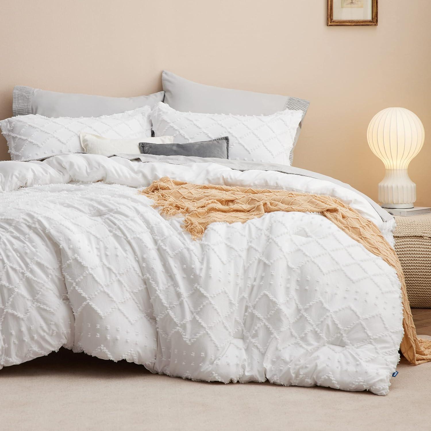 imageBedsure Twin XL Comforter Set  White Comforter Boho Tufted Shabby Chic Bedding for Kids 2 Pieces Vintage Farmhouse Bed Set for All Seasons Fluffy Soft Bedding with 1 Pillow Sham01  White