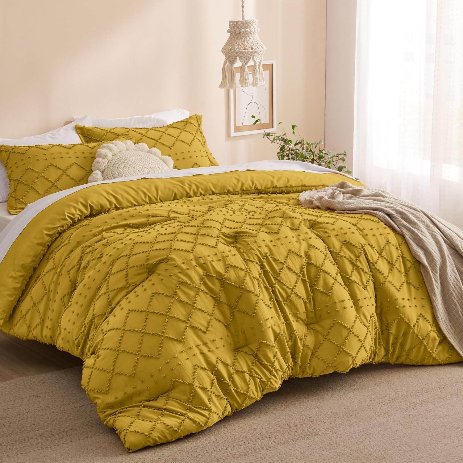 imageBedsure Twin XL Comforter Set  White Comforter Boho Tufted Shabby Chic Bedding for Kids 2 Pieces Vintage Farmhouse Bed Set for All Seasons Fluffy Soft Bedding with 1 Pillow Sham25  Mustard Yellow