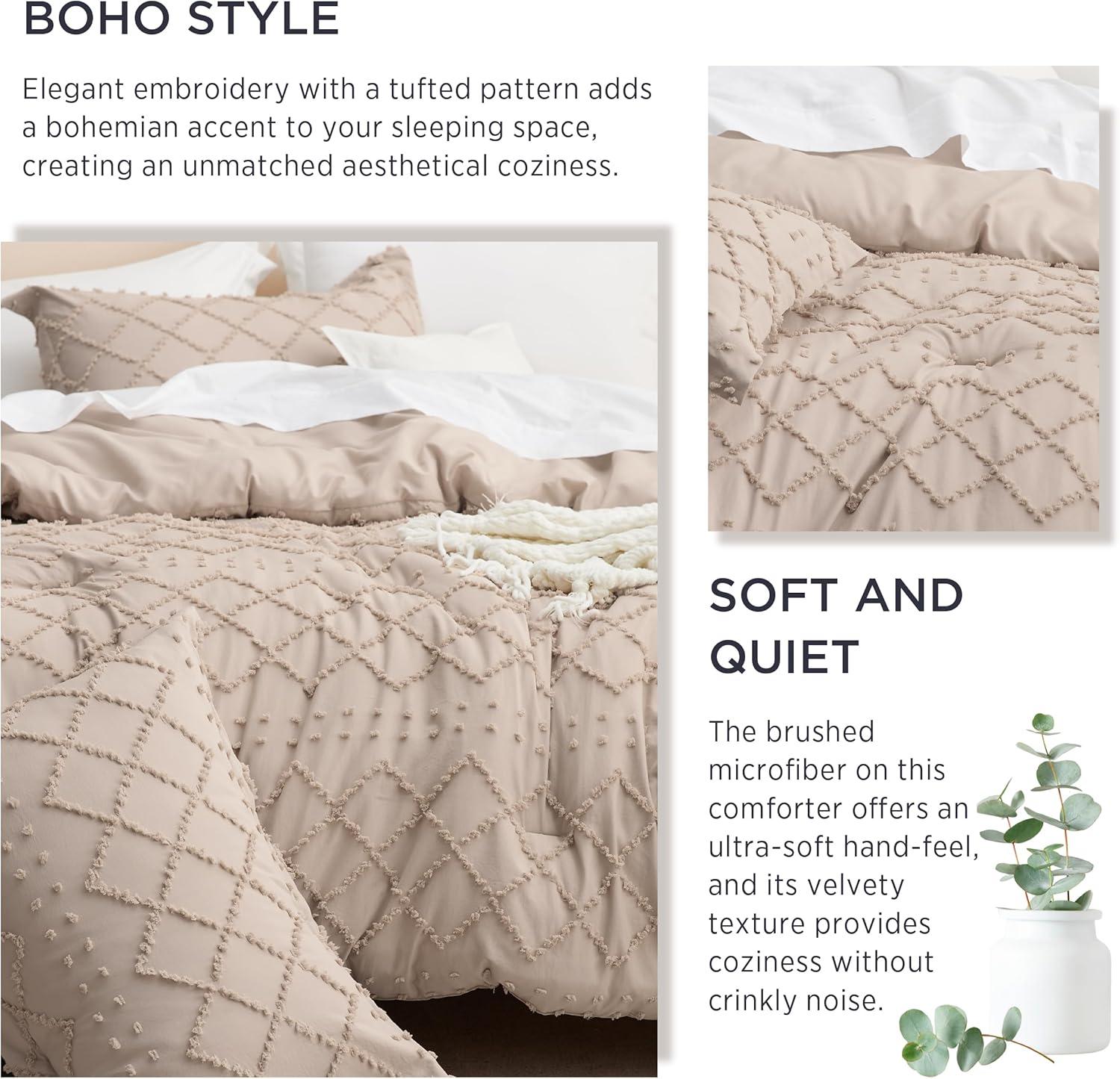 imageBedsure Twin XL Comforter Set  White Comforter Boho Tufted Shabby Chic Bedding for Kids 2 Pieces Vintage Farmhouse Bed Set for All Seasons Fluffy Soft Bedding with 1 Pillow Sham07  Warm Tan