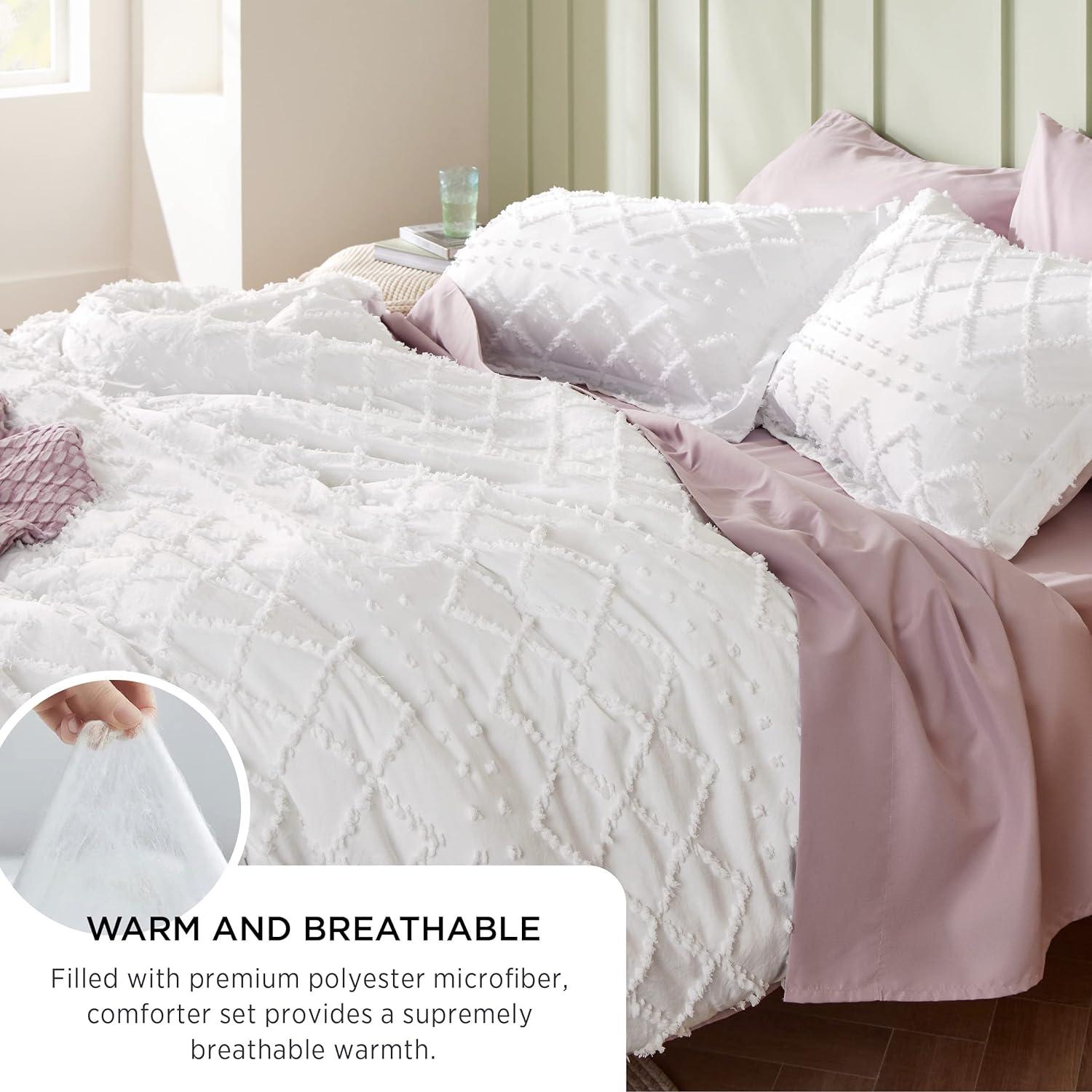 imageBedsure Twin XL Comforter Set  White Comforter Boho Tufted Shabby Chic Bedding for Kids 2 Pieces Vintage Farmhouse Bed Set for All Seasons Fluffy Soft Bedding with 1 Pillow Sham01  White