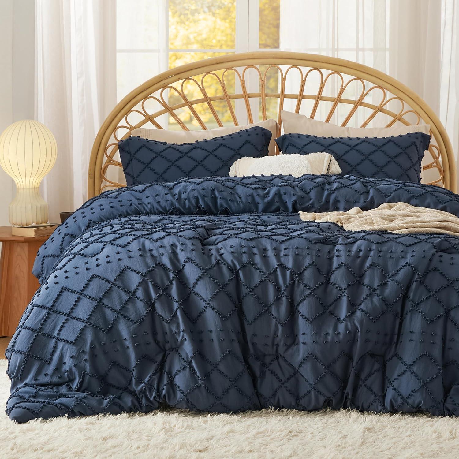imageBedsure Twin XL Comforter Set  White Comforter Boho Tufted Shabby Chic Bedding for Kids 2 Pieces Vintage Farmhouse Bed Set for All Seasons Fluffy Soft Bedding with 1 Pillow Sham05  Navy