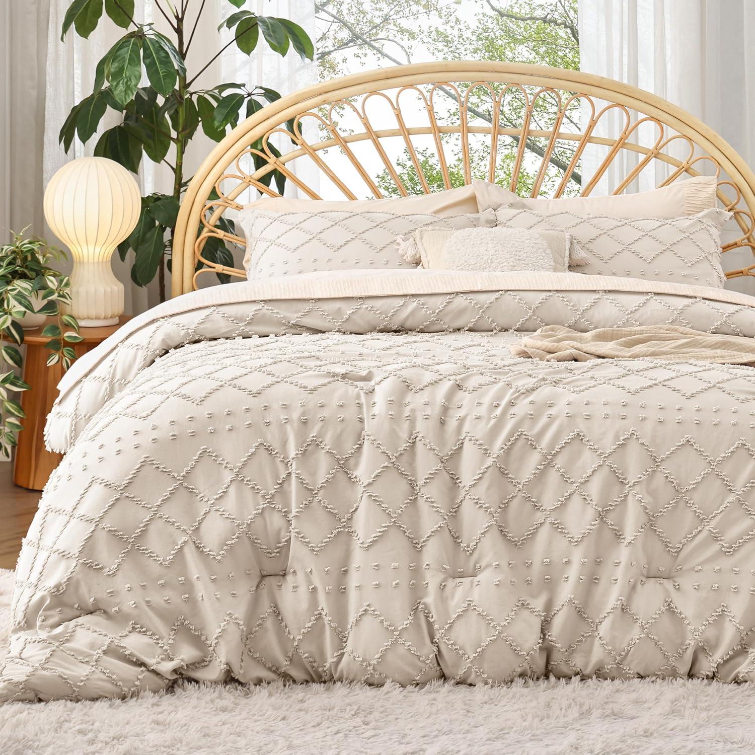 imageBedsure Twin XL Comforter Set  White Comforter Boho Tufted Shabby Chic Bedding for Kids 2 Pieces Vintage Farmhouse Bed Set for All Seasons Fluffy Soft Bedding with 1 Pillow Sham02  Beige