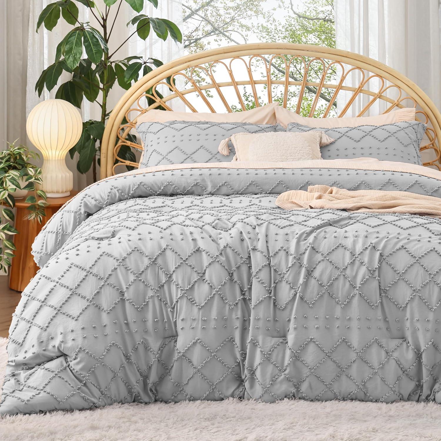 imageBedsure Twin XL Comforter Set  White Comforter Boho Tufted Shabby Chic Bedding for Kids 2 Pieces Vintage Farmhouse Bed Set for All Seasons Fluffy Soft Bedding with 1 Pillow Sham04  Light Grey