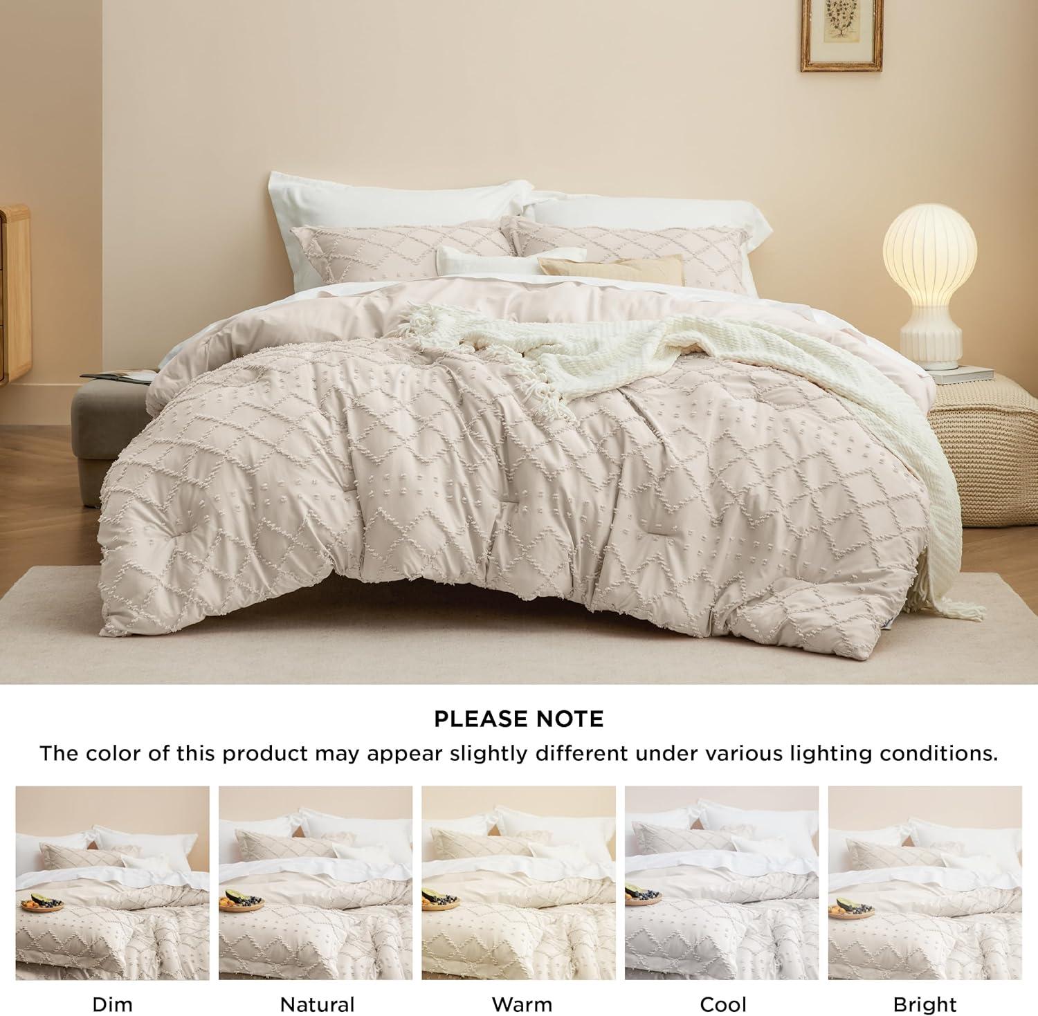 imageBedsure Twin XL Comforter Set  White Comforter Boho Tufted Shabby Chic Bedding for Kids 2 Pieces Vintage Farmhouse Bed Set for All Seasons Fluffy Soft Bedding with 1 Pillow Sham02  Beige
