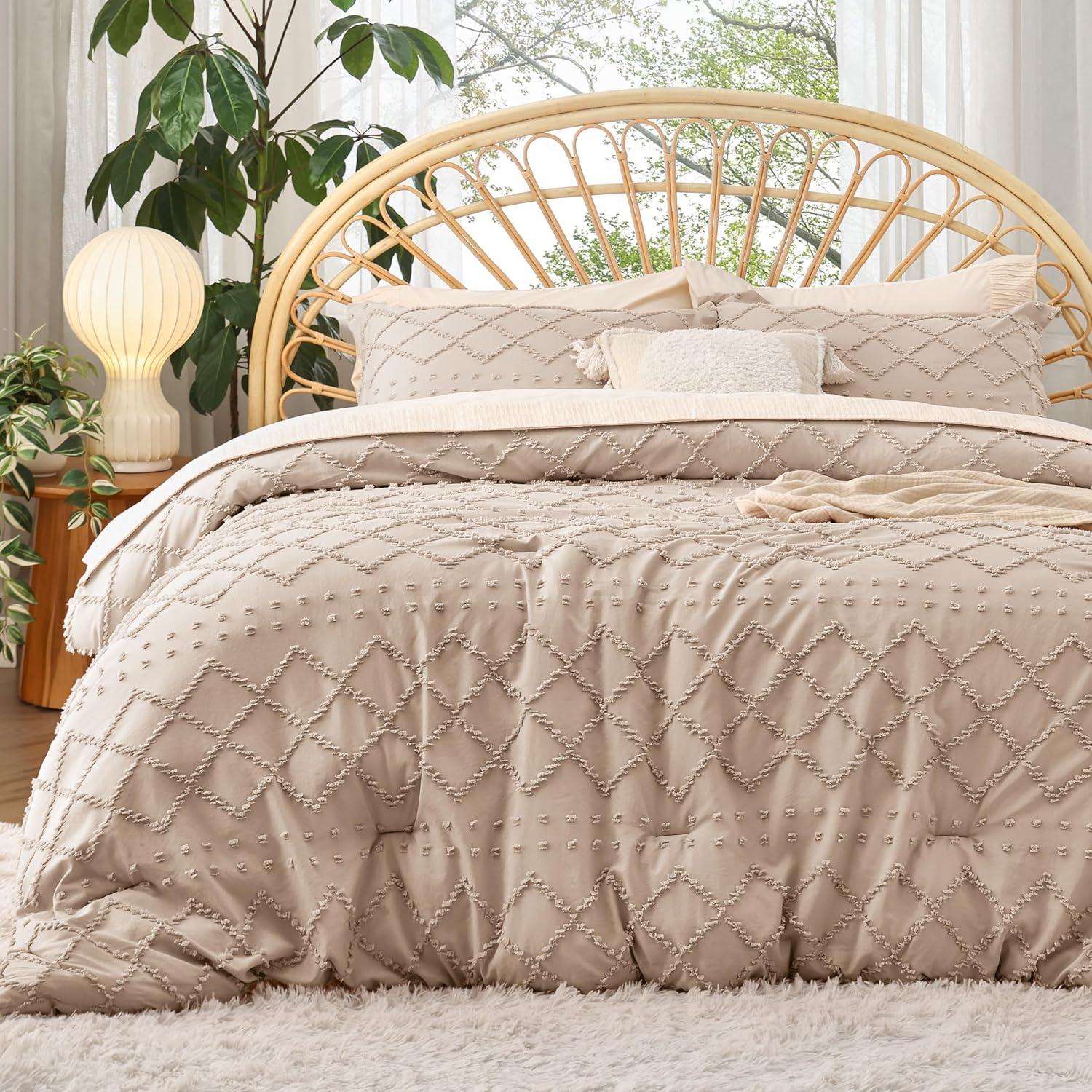 imageBedsure Twin XL Comforter Set  White Comforter Boho Tufted Shabby Chic Bedding for Kids 2 Pieces Vintage Farmhouse Bed Set for All Seasons Fluffy Soft Bedding with 1 Pillow Sham07  Warm Tan