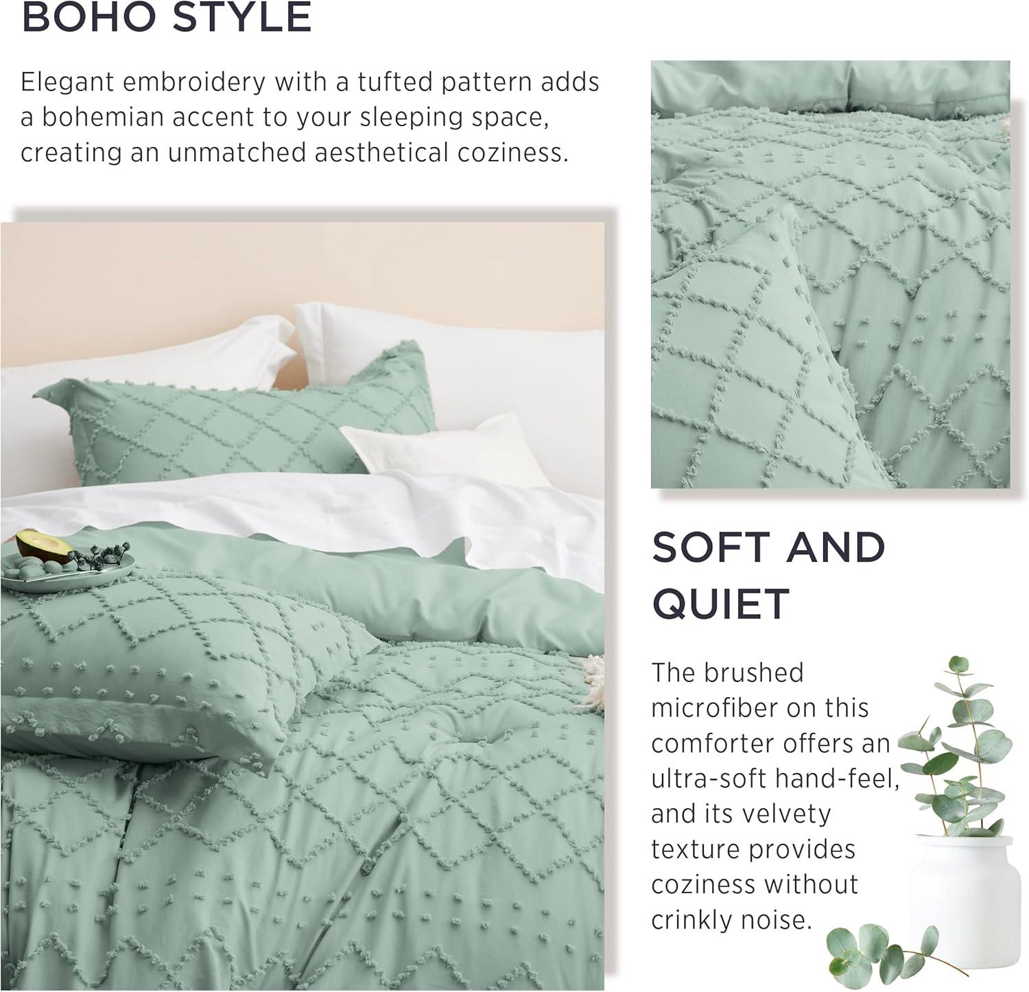 imageBedsure Twin XL Comforter Set  White Comforter Boho Tufted Shabby Chic Bedding for Kids 2 Pieces Vintage Farmhouse Bed Set for All Seasons Fluffy Soft Bedding with 1 Pillow Sham19  Sage Green