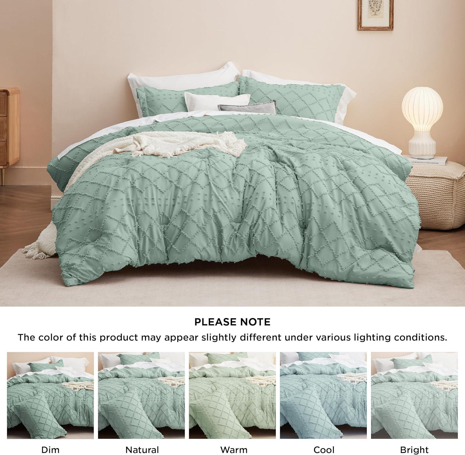 imageBedsure Twin XL Comforter Set  White Comforter Boho Tufted Shabby Chic Bedding for Kids 2 Pieces Vintage Farmhouse Bed Set for All Seasons Fluffy Soft Bedding with 1 Pillow Sham19  Sage Green