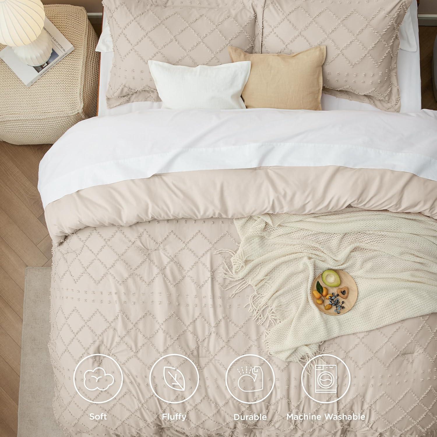 imageBedsure Twin XL Comforter Set  White Comforter Boho Tufted Shabby Chic Bedding for Kids 2 Pieces Vintage Farmhouse Bed Set for All Seasons Fluffy Soft Bedding with 1 Pillow Sham02  Beige