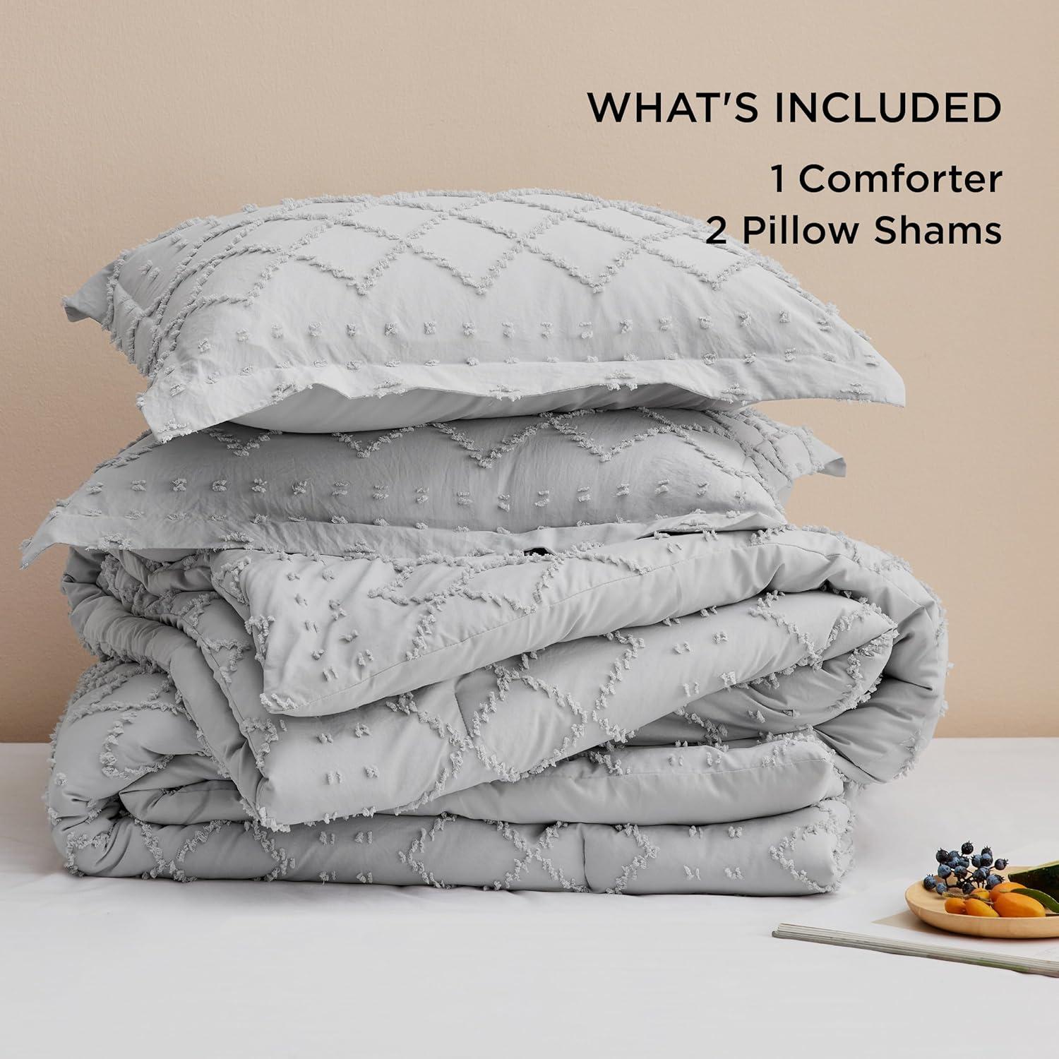 imageBedsure Twin XL Comforter Set  White Comforter Boho Tufted Shabby Chic Bedding for Kids 2 Pieces Vintage Farmhouse Bed Set for All Seasons Fluffy Soft Bedding with 1 Pillow Sham04  Light Grey
