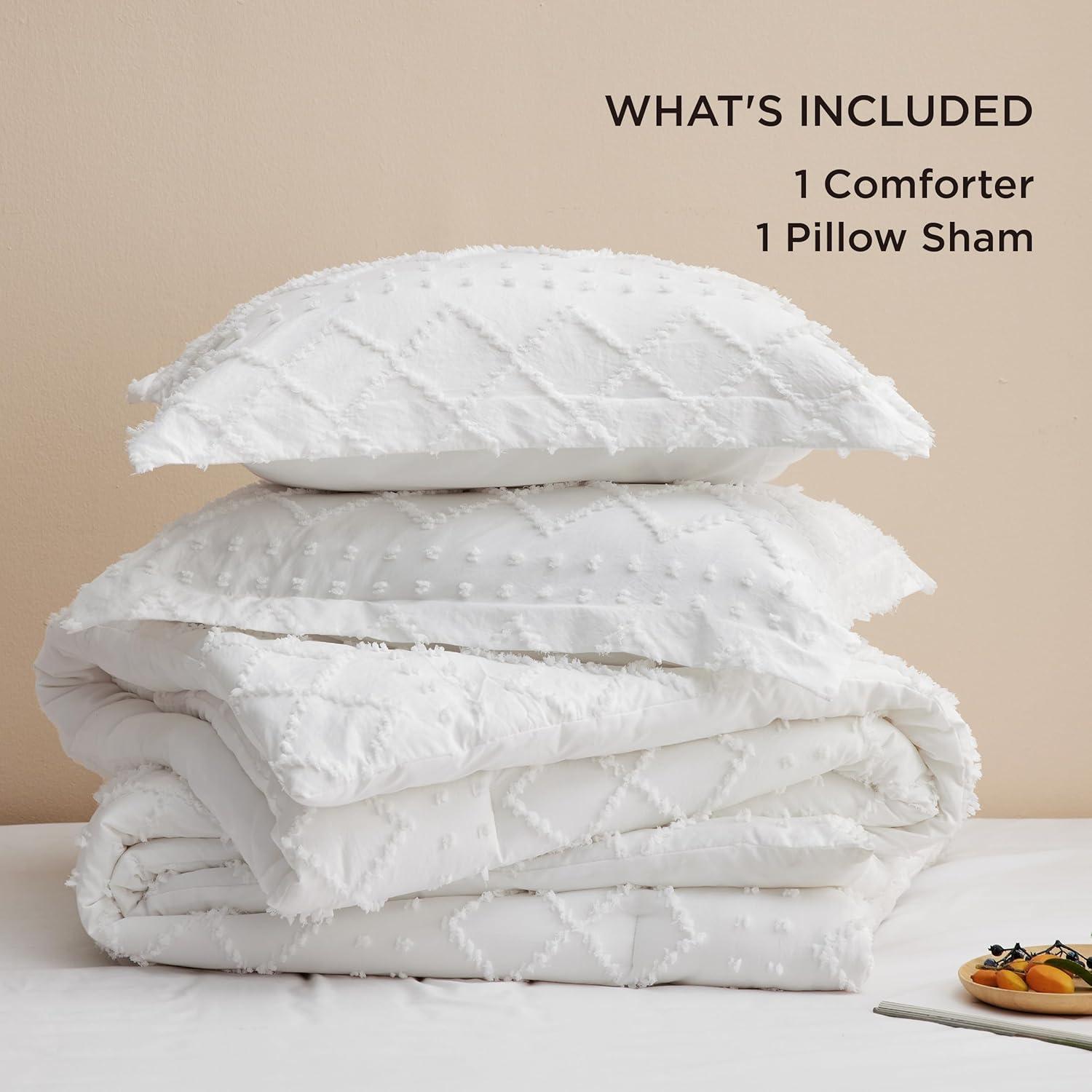 imageBedsure Twin XL Comforter Set  White Comforter Boho Tufted Shabby Chic Bedding for Kids 2 Pieces Vintage Farmhouse Bed Set for All Seasons Fluffy Soft Bedding with 1 Pillow Sham01  White