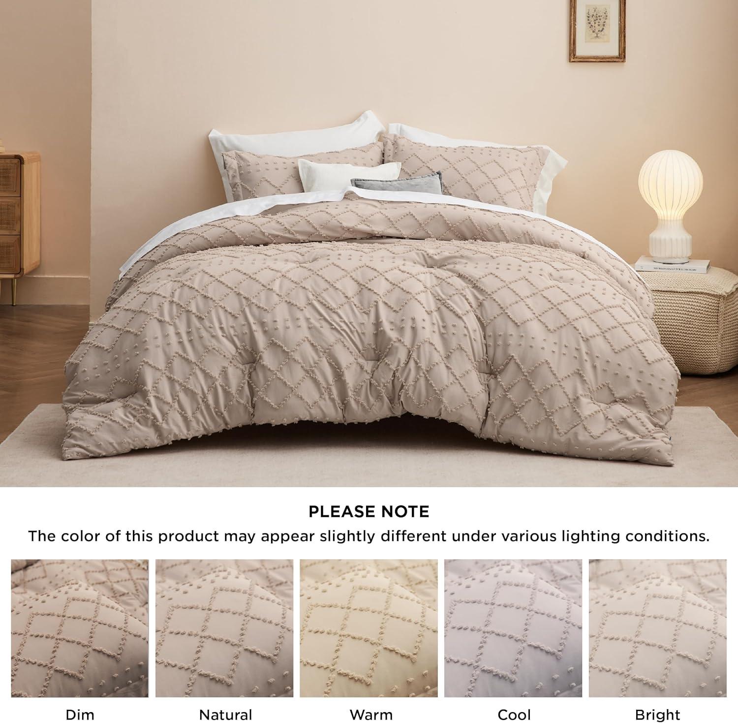 imageBedsure Twin XL Comforter Set  White Comforter Boho Tufted Shabby Chic Bedding for Kids 2 Pieces Vintage Farmhouse Bed Set for All Seasons Fluffy Soft Bedding with 1 Pillow Sham07  Warm Tan