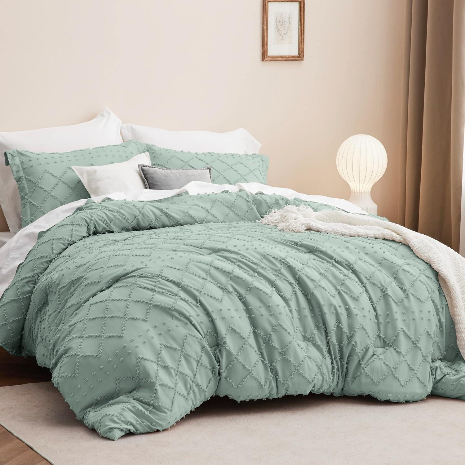 imageBedsure Twin XL Comforter Set  White Comforter Boho Tufted Shabby Chic Bedding for Kids 2 Pieces Vintage Farmhouse Bed Set for All Seasons Fluffy Soft Bedding with 1 Pillow Sham19  Sage Green